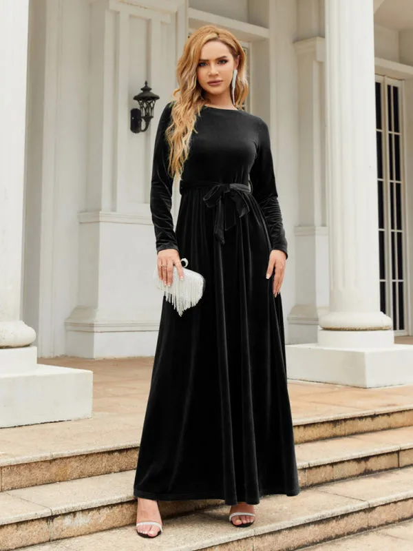 Holiday Autumn Winter Velvet Tie-Belt Maxi Dress