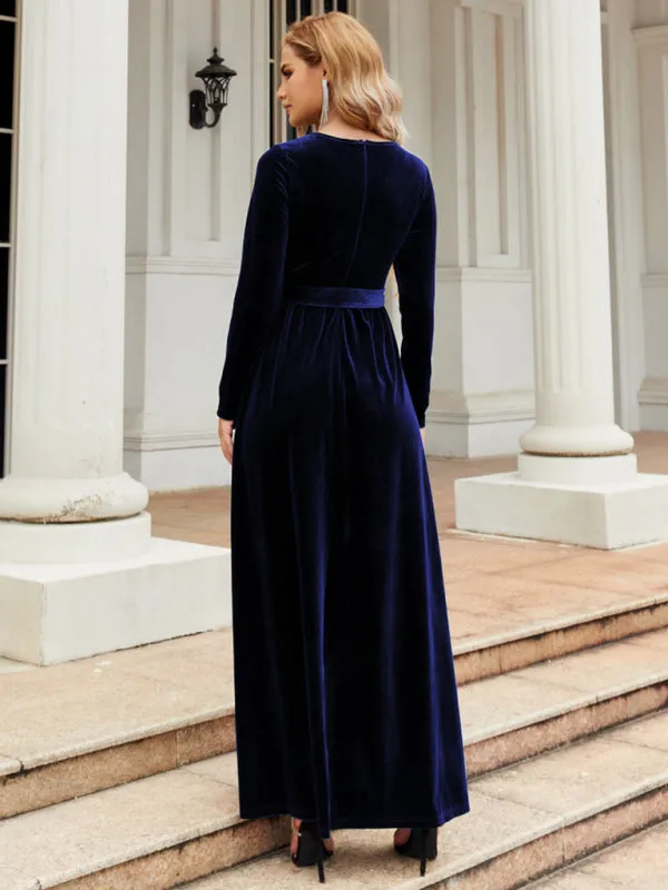 Holiday Autumn Winter Velvet Tie-Belt Maxi Dress