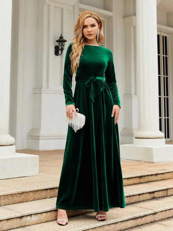 Holiday Autumn Winter Velvet Tie-Belt Maxi Dress