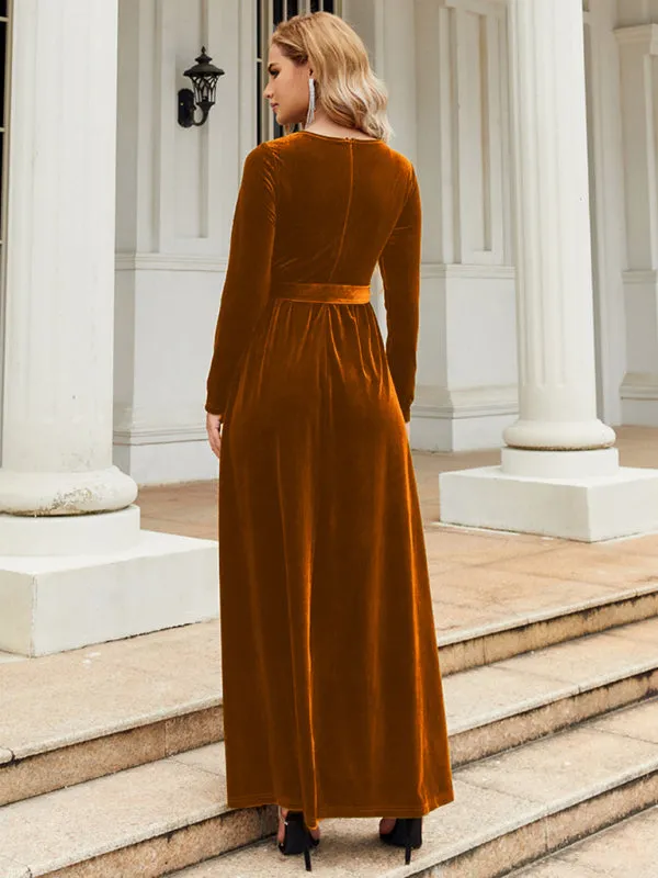 Holiday Autumn Winter Velvet Tie-Belt Maxi Dress