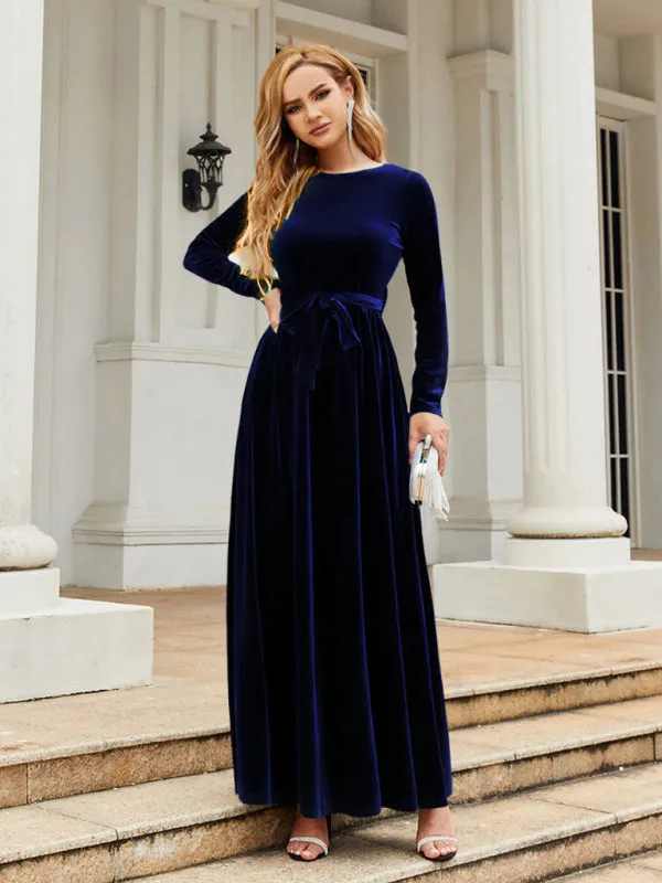 Holiday Autumn Winter Velvet Tie-Belt Maxi Dress