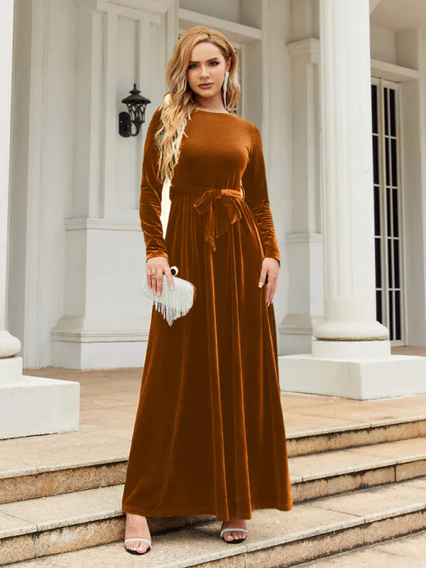 Holiday Autumn Winter Velvet Tie-Belt Maxi Dress