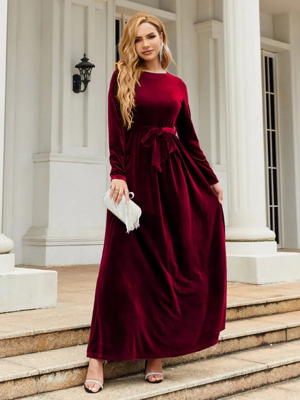 Holiday Autumn Winter Velvet Tie-Belt Maxi Dress