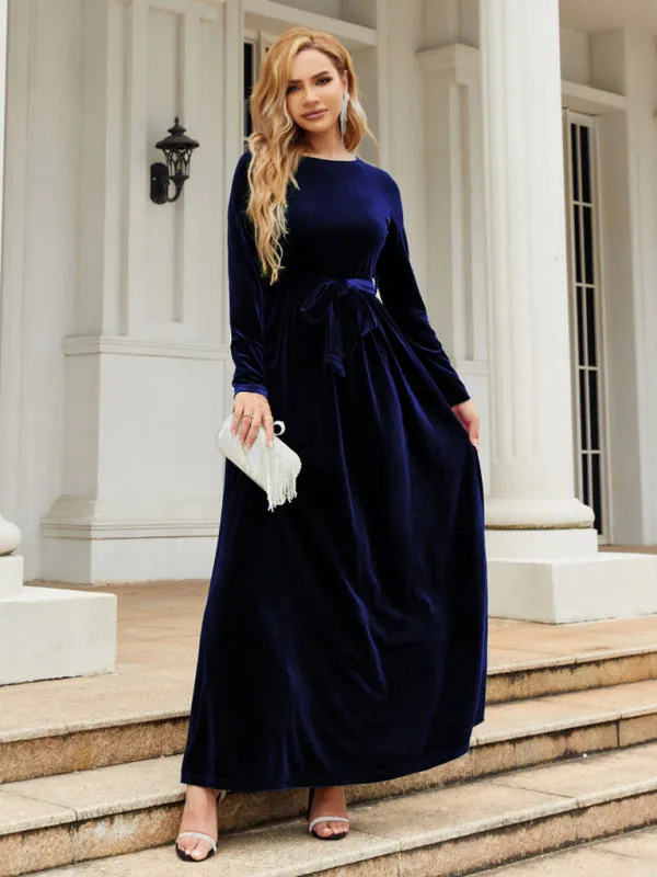 Holiday Autumn Winter Velvet Tie-Belt Maxi Dress