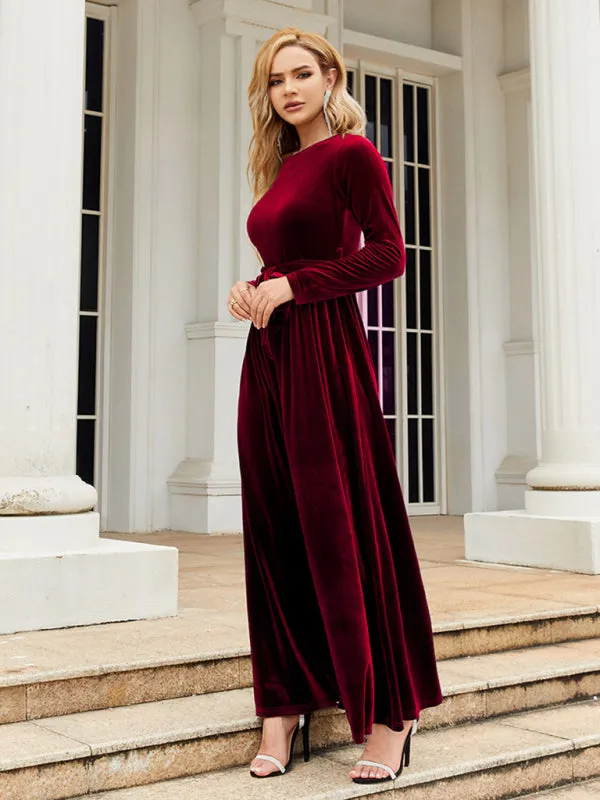 Holiday Autumn Winter Velvet Tie-Belt Maxi Dress