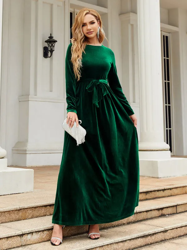 Holiday Autumn Winter Velvet Tie-Belt Maxi Dress