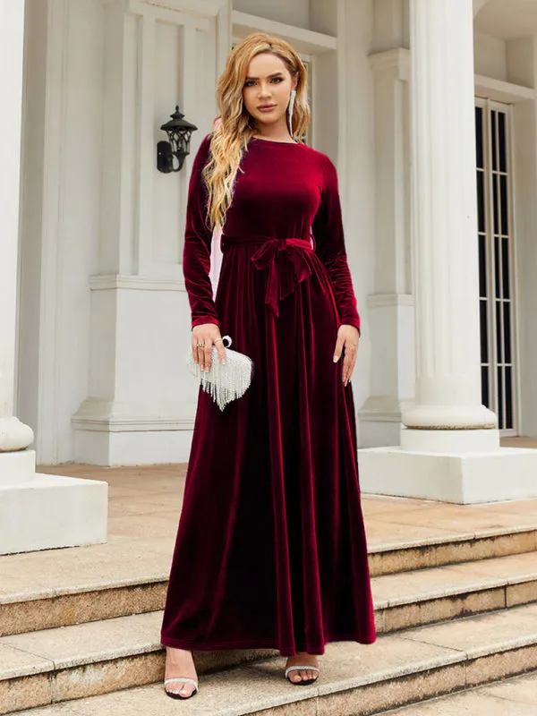 Holiday Autumn Winter Velvet Tie-Belt Maxi Dress