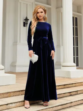 Holiday Autumn Winter Velvet Tie-Belt Maxi Dress