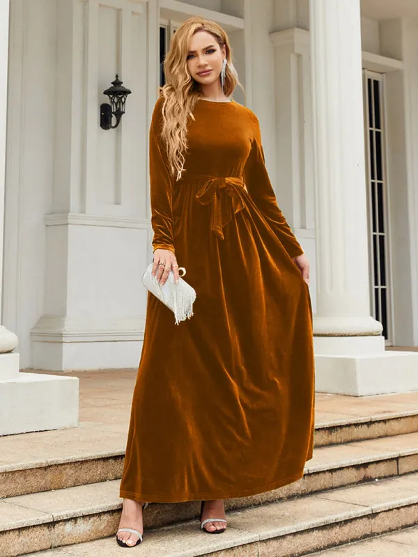 Holiday Autumn Winter Velvet Tie-Belt Maxi Dress