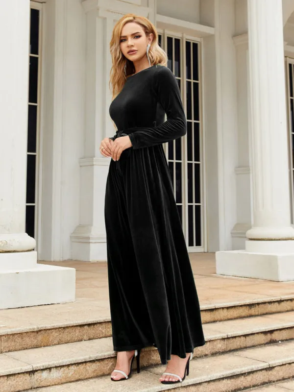 Holiday Autumn Winter Velvet Tie-Belt Maxi Dress