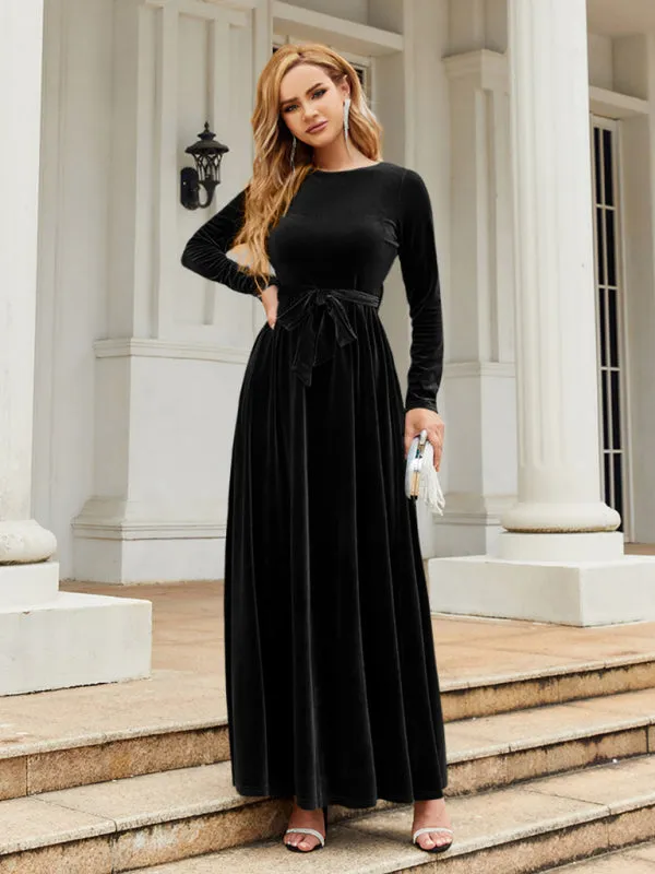 Holiday Autumn Winter Velvet Tie-Belt Maxi Dress