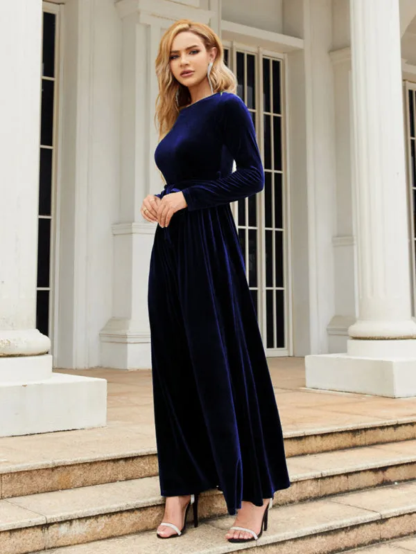 Holiday Autumn Winter Velvet Tie-Belt Maxi Dress