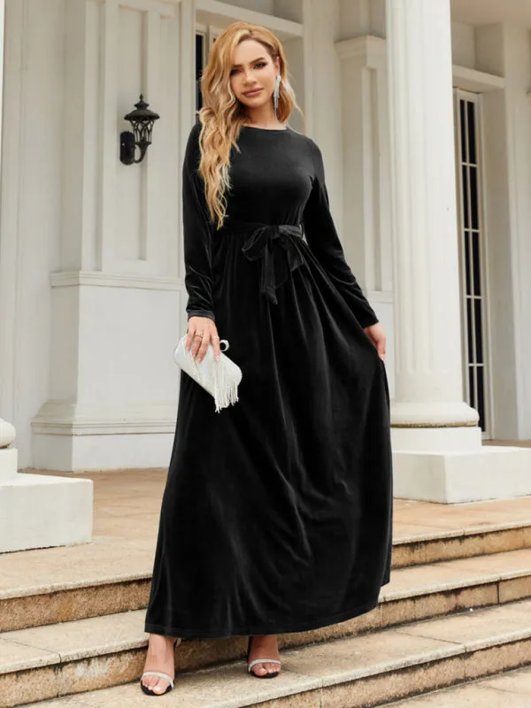 Holiday Autumn Winter Velvet Tie-Belt Maxi Dress