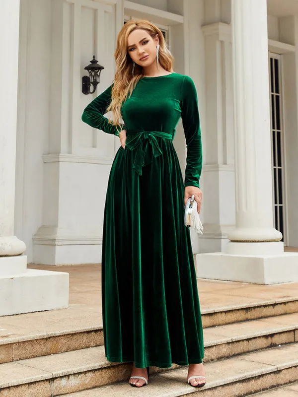 Holiday Autumn Winter Velvet Tie-Belt Maxi Dress