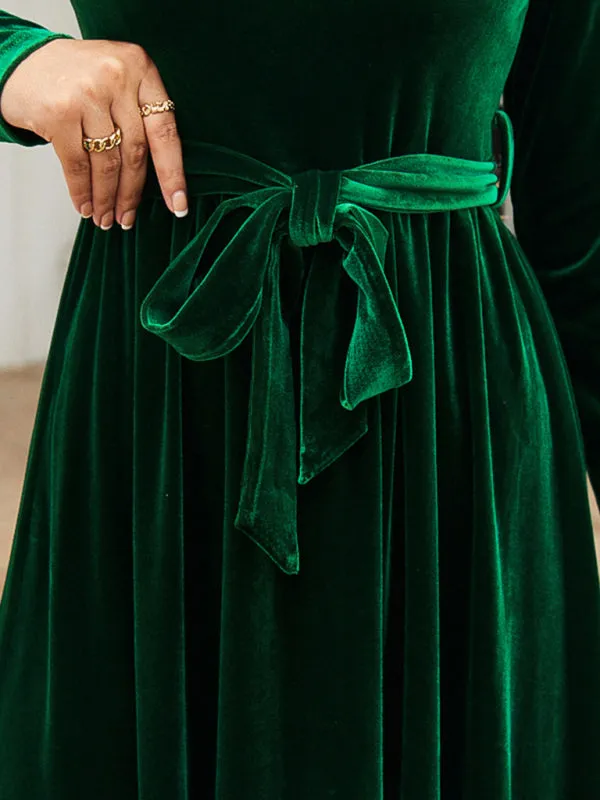 Holiday Autumn Winter Velvet Tie-Belt Maxi Dress