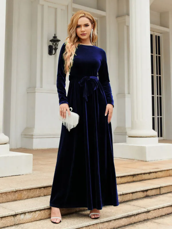 Holiday Autumn Winter Velvet Tie-Belt Maxi Dress