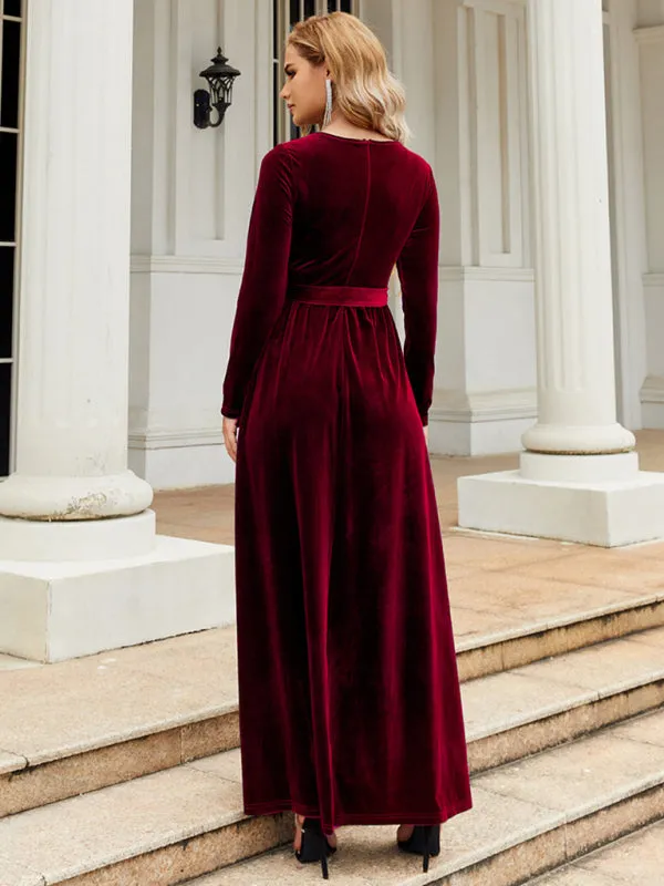 Holiday Autumn Winter Velvet Tie-Belt Maxi Dress