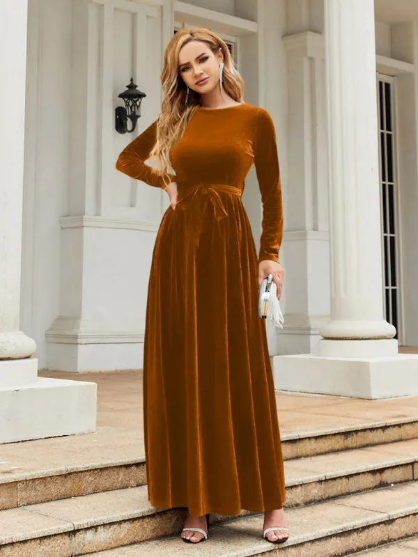 Holiday Autumn Winter Velvet Tie-Belt Maxi Dress