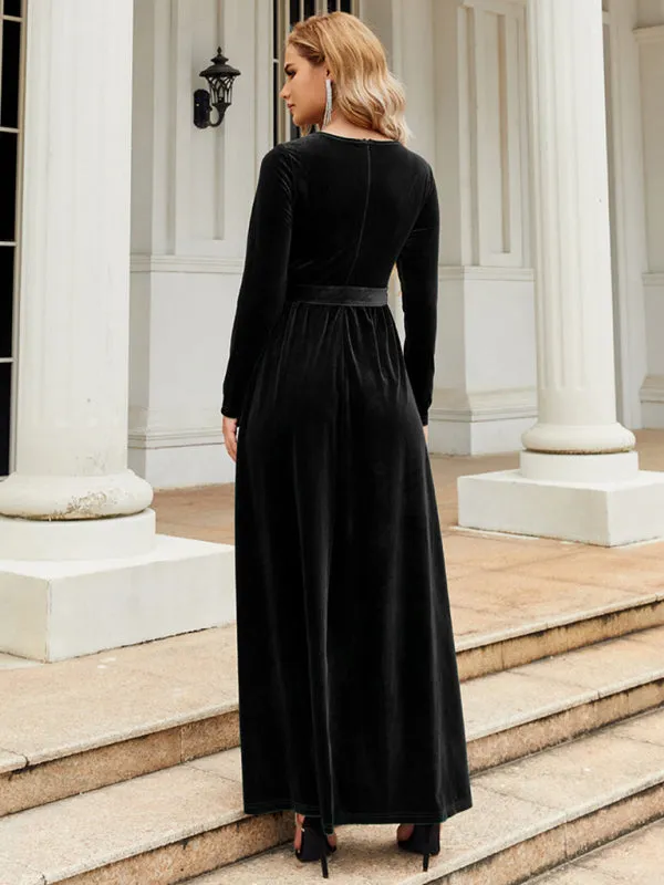 Holiday Autumn Winter Velvet Tie-Belt Maxi Dress