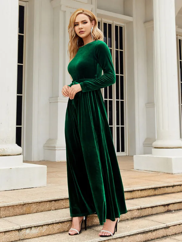 Holiday Autumn Winter Velvet Tie-Belt Maxi Dress