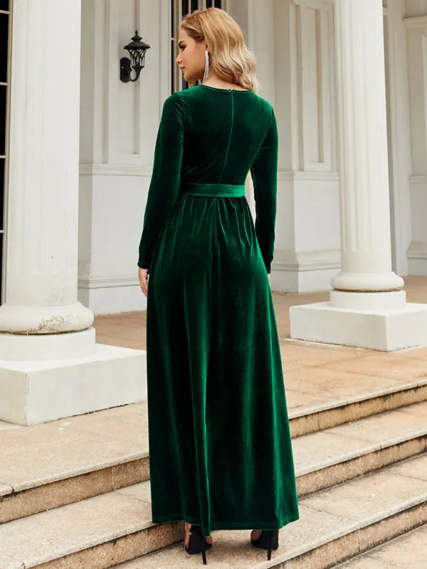 Holiday Autumn Winter Velvet Tie-Belt Maxi Dress