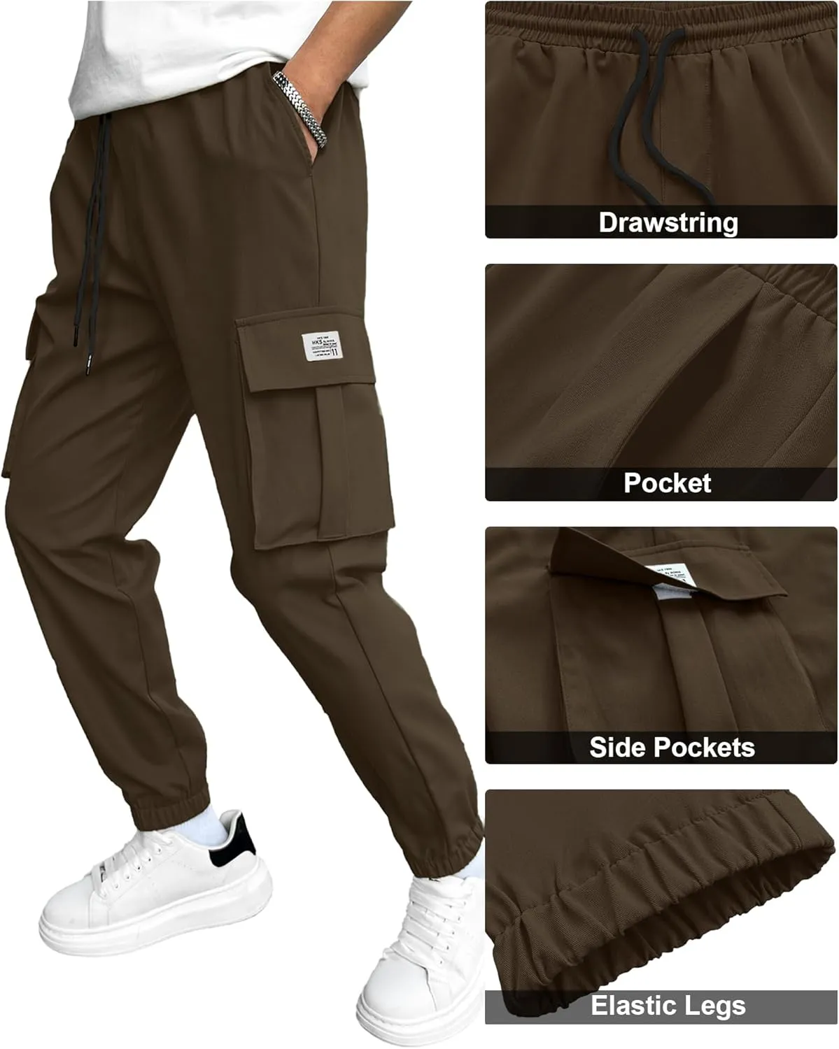 HOTake Men's Casual Cargo Pants Elastic Waist Drawstring Tapered Pants for Men Joggers Hiking Pants with Multi Pockets