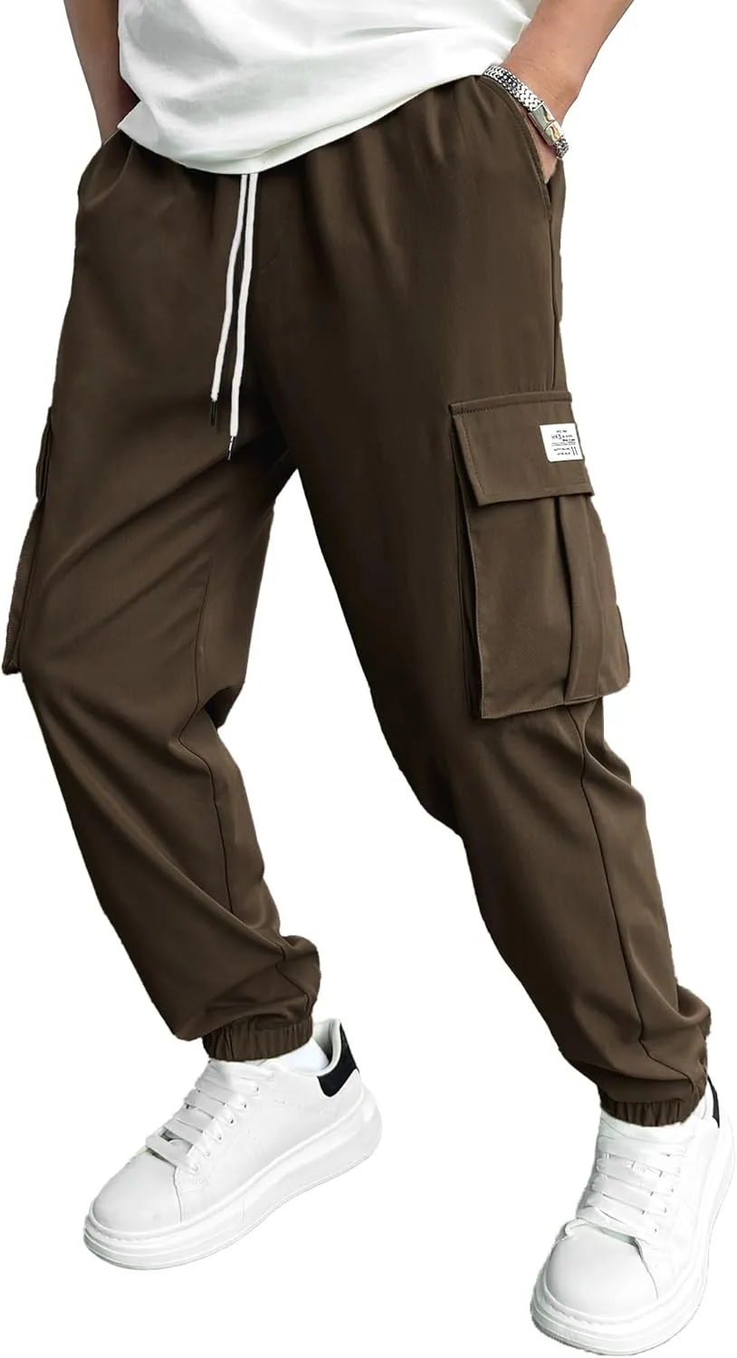 HOTake Men's Casual Cargo Pants Elastic Waist Drawstring Tapered Pants for Men Joggers Hiking Pants with Multi Pockets