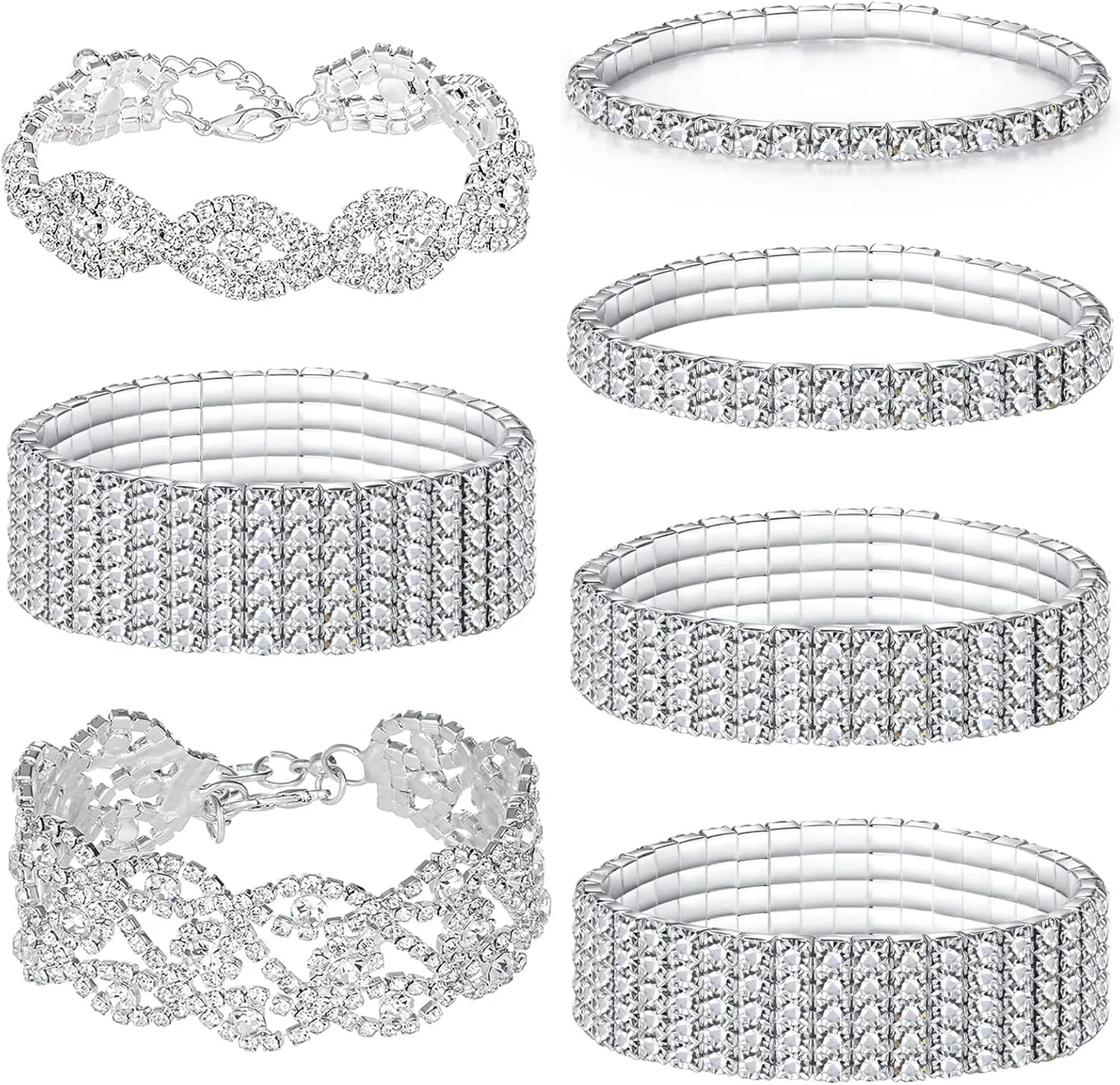 Jewdreamer 7PCS Rhinestone Bracelets for Women Cubic Zirconia Tennis Stretch Bracelet Bangle Bling Bikini Crystal Bracelet Sliver Sparkly Bridal Wedding Jewelry Bracelet Set