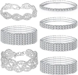 Jewdreamer 7PCS Rhinestone Bracelets for Women Cubic Zirconia Tennis Stretch Bracelet Bangle Bling Bikini Crystal Bracelet Sliver Sparkly Bridal Wedding Jewelry Bracelet Set