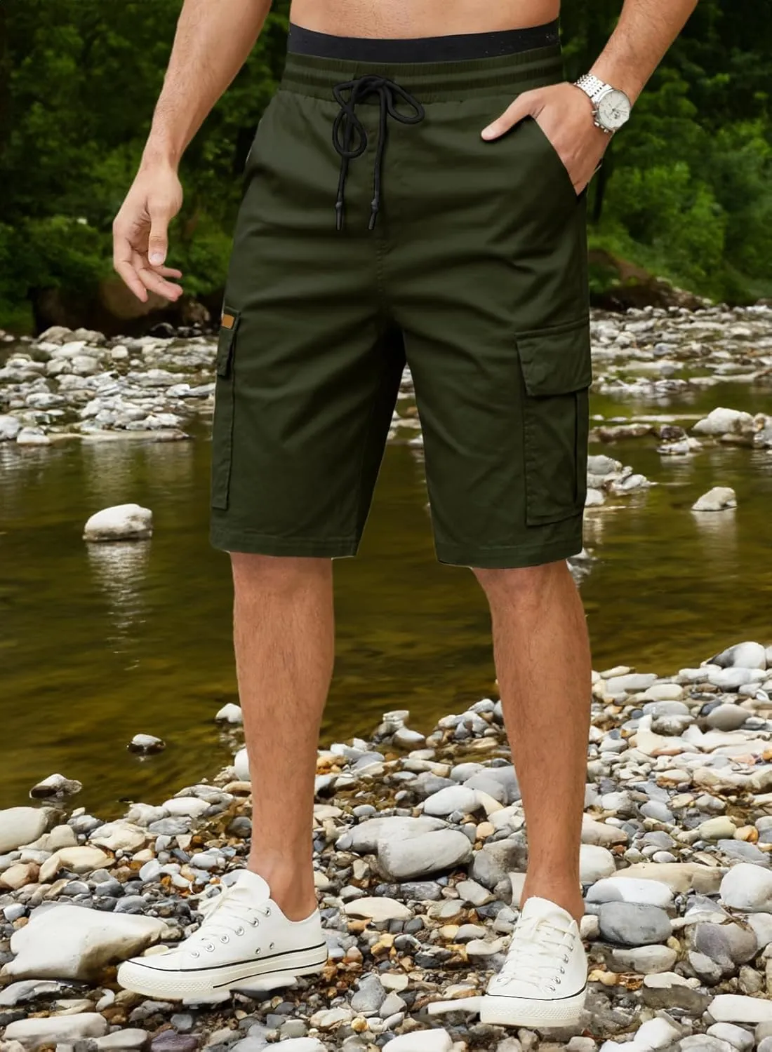 JMIERR Mens Casual Twill Cargo Shorts Cotton Drawstring Classic Cargo Stretch Short with 6 Pockets