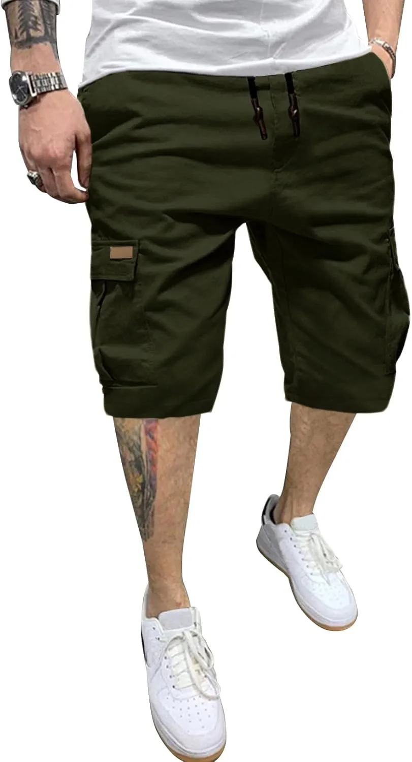 JMIERR Mens Casual Twill Cargo Shorts Cotton Drawstring Classic Cargo Stretch Short with 6 Pockets