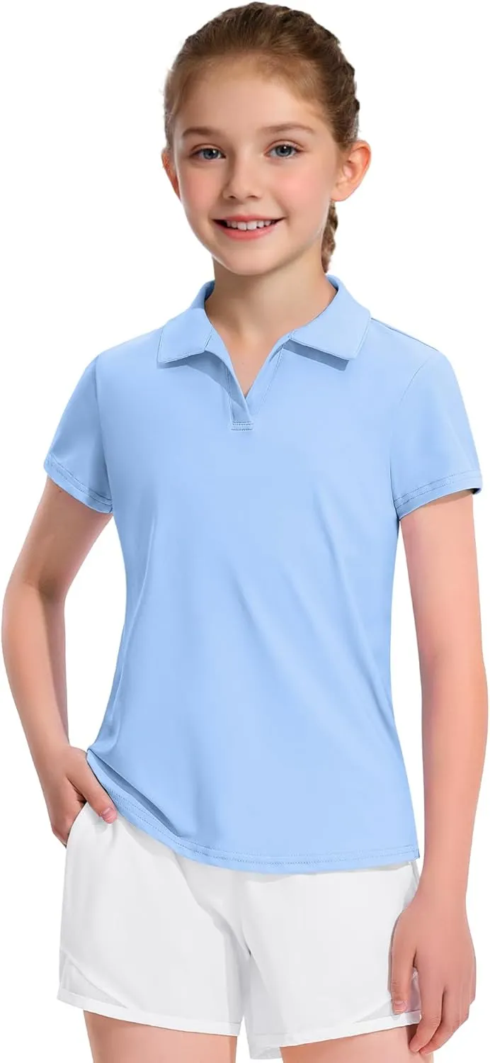 KEREDA Girls Polo Shirts Golf Tennis School Uniform Short Sleeve T Shirts V-Neck Collared Quick Dry Tops