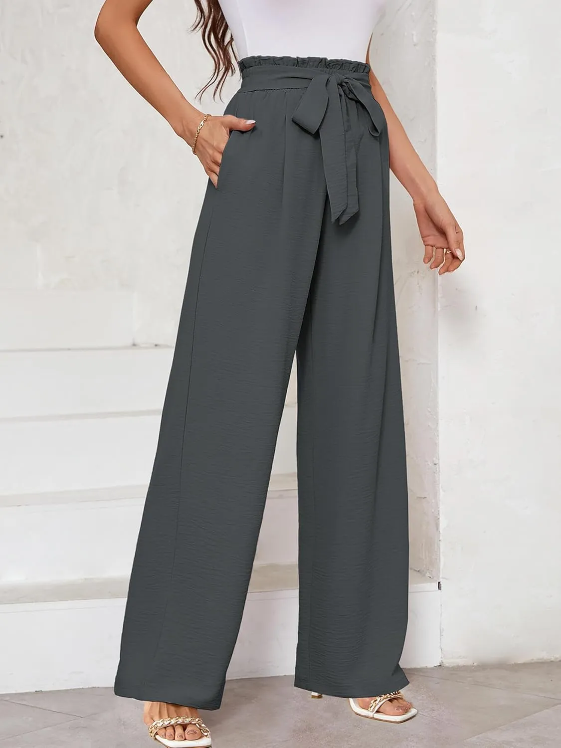 KORSIS Women's Pants Wide Leg Lounge High Waisted Causal Flowy Work Elastic Trousers with Pockets