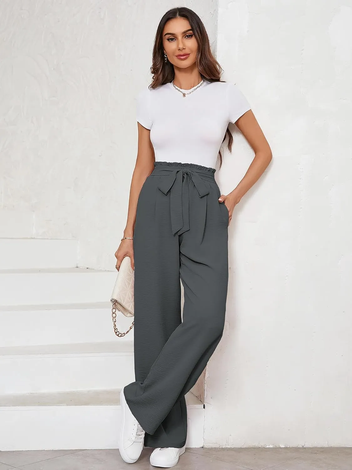 KORSIS Women's Pants Wide Leg Lounge High Waisted Causal Flowy Work Elastic Trousers with Pockets