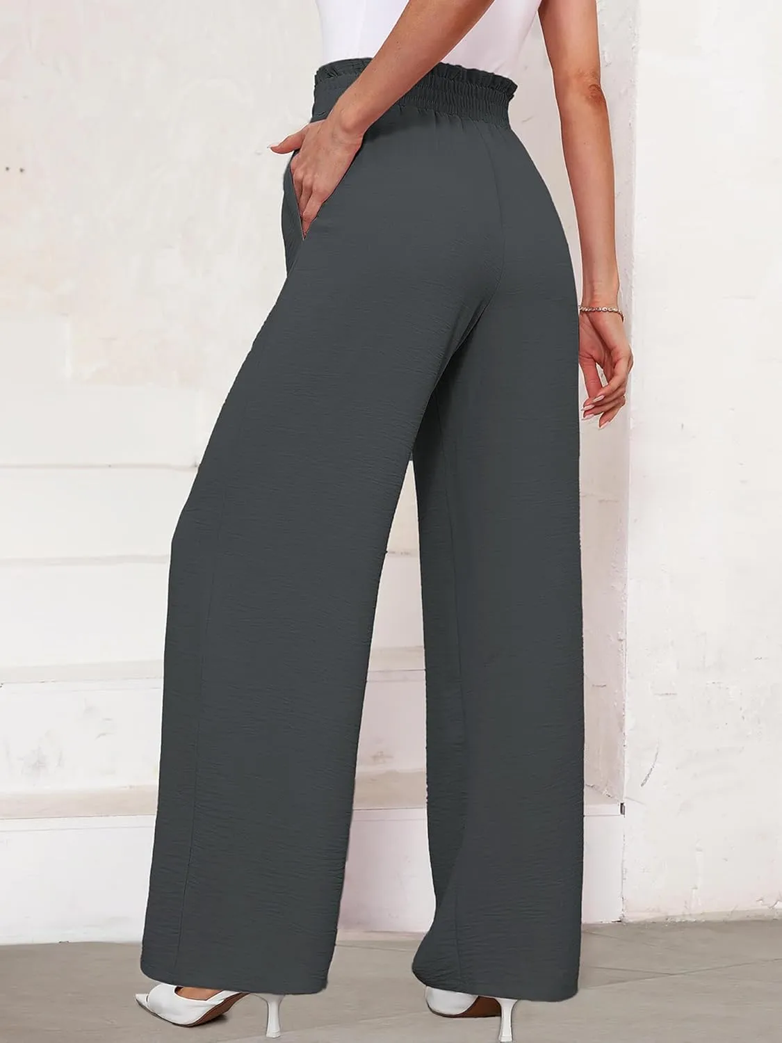 KORSIS Women's Pants Wide Leg Lounge High Waisted Causal Flowy Work Elastic Trousers with Pockets