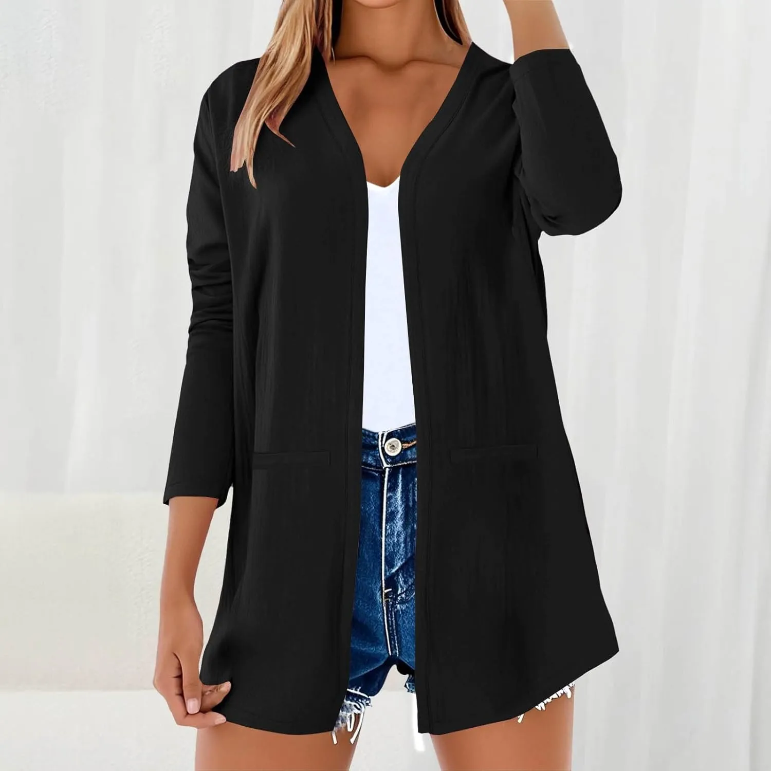 Lightweight Cardigans for Women Linen Cotton Summer 2025 V Neck Open Front Shirts Casual Gauze Blouses with Pockets