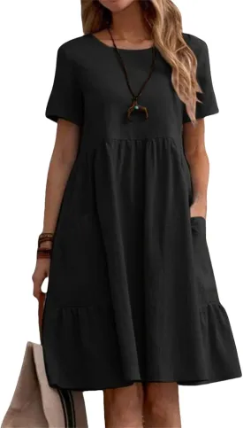Linen Dresses for Women 2025 Summer Short Sleeve Crewneck Dress Tiered Midi Dresses Loose Flowy Dress with Pockets