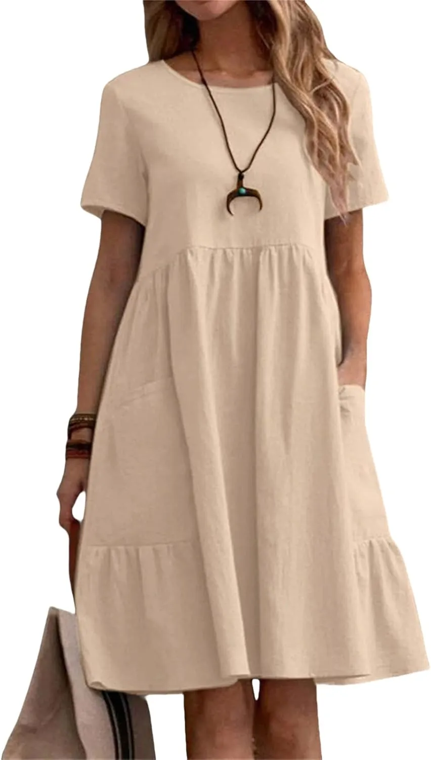 Linen Dresses for Women 2025 Summer Short Sleeve Crewneck Dress Tiered Midi Dresses Loose Flowy Dress with Pockets