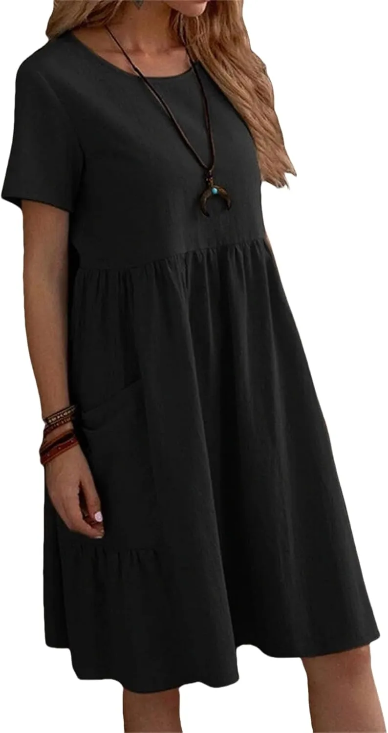 Linen Dresses for Women 2025 Summer Short Sleeve Crewneck Dress Tiered Midi Dresses Loose Flowy Dress with Pockets