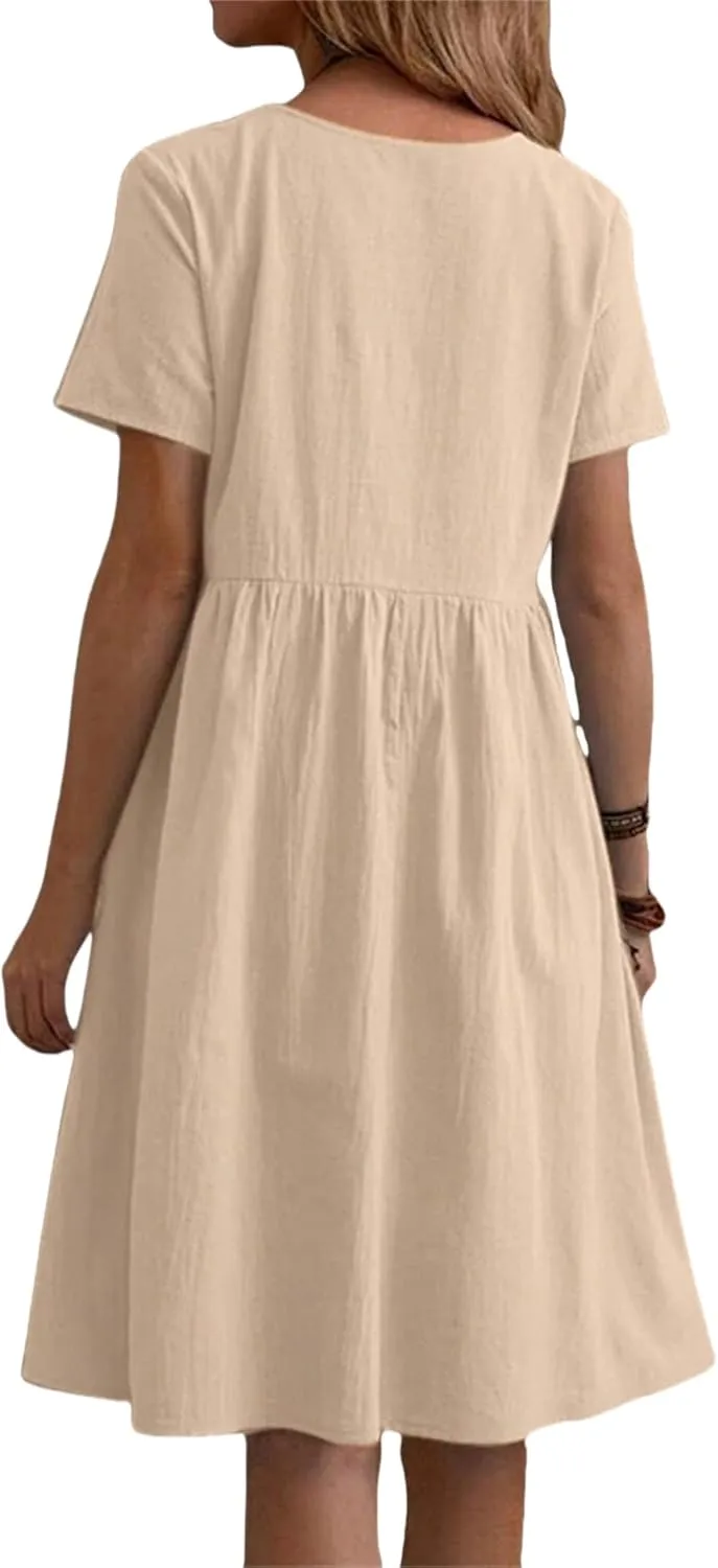 Linen Dresses for Women 2025 Summer Short Sleeve Crewneck Dress Tiered Midi Dresses Loose Flowy Dress with Pockets