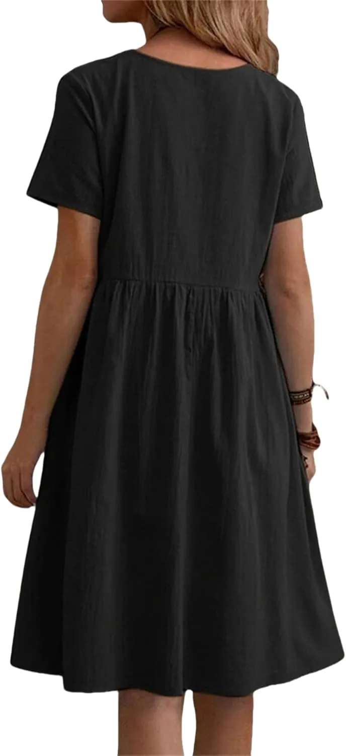 Linen Dresses for Women 2025 Summer Short Sleeve Crewneck Dress Tiered Midi Dresses Loose Flowy Dress with Pockets