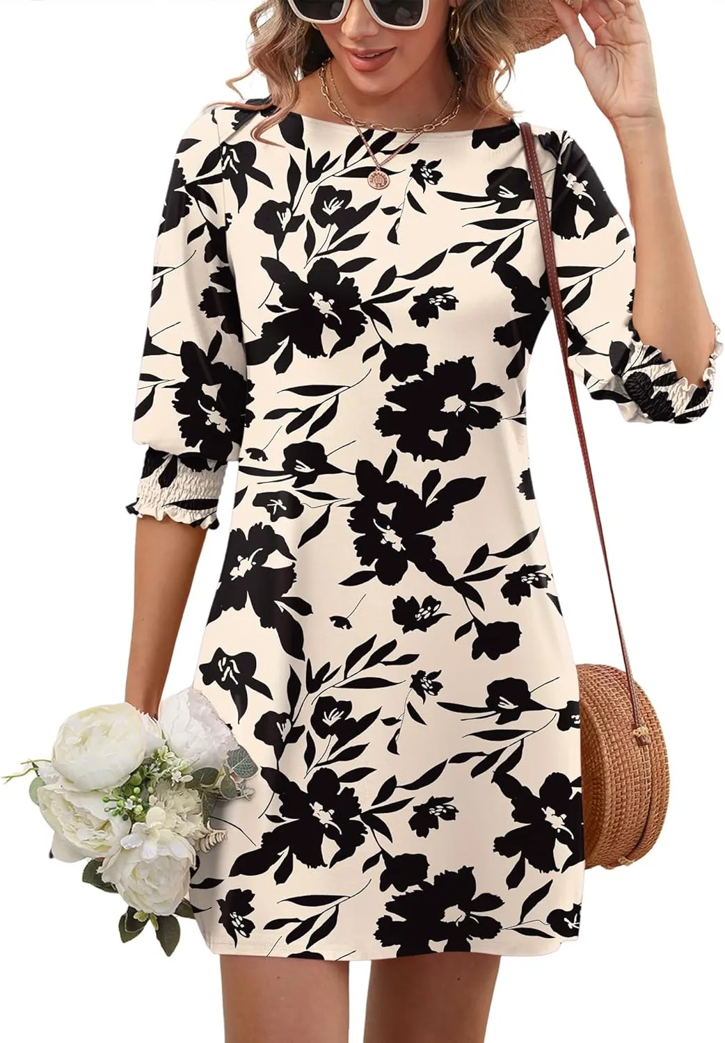 LUYAA Womens Summer Mini Dresses Boatneck 3/4 Puff Sleeve Floral T Shirt Dress with Pockets Boho Dresses Fashion Trendy 2025