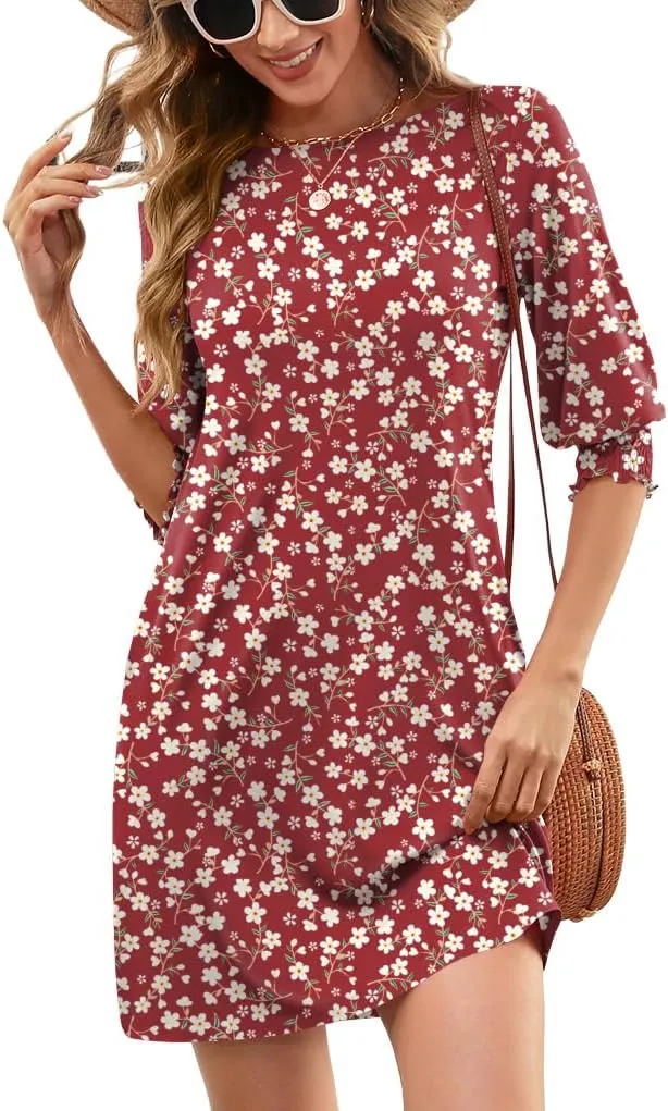 LUYAA Womens Summer Mini Dresses Boatneck 3/4 Puff Sleeve Floral T Shirt Dress with Pockets Boho Dresses Fashion Trendy 2025
