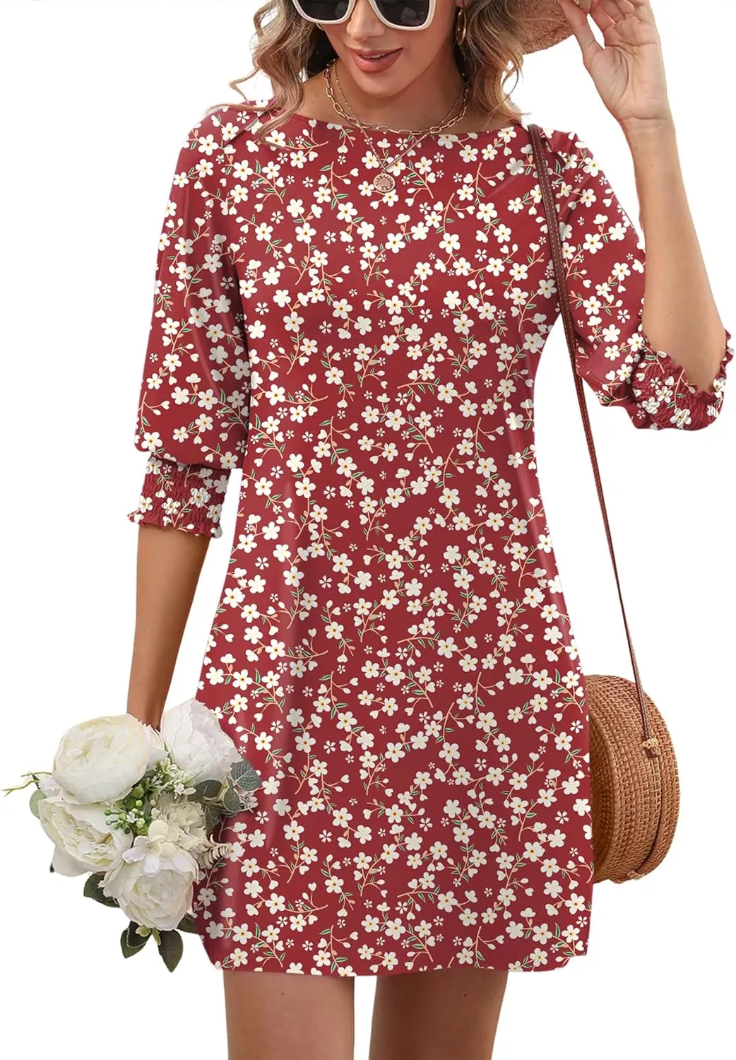 LUYAA Womens Summer Mini Dresses Boatneck 3/4 Puff Sleeve Floral T Shirt Dress with Pockets Boho Dresses Fashion Trendy 2025