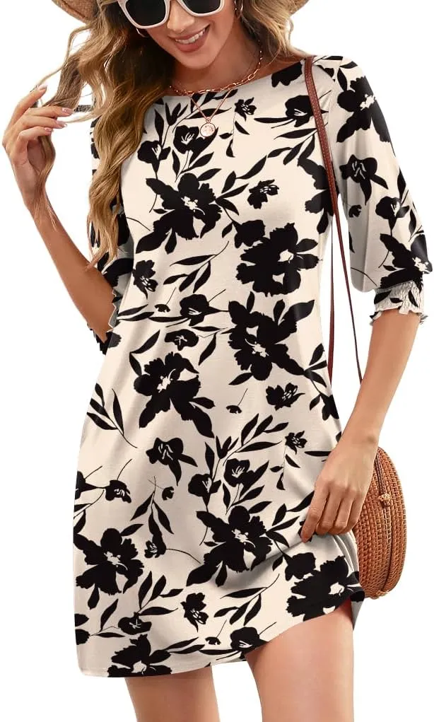 LUYAA Womens Summer Mini Dresses Boatneck 3/4 Puff Sleeve Floral T Shirt Dress with Pockets Boho Dresses Fashion Trendy 2025