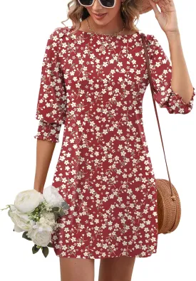 LUYAA Womens Summer Mini Dresses Boatneck 3/4 Puff Sleeve Floral T Shirt Dress with Pockets Boho Dresses Fashion Trendy 2025