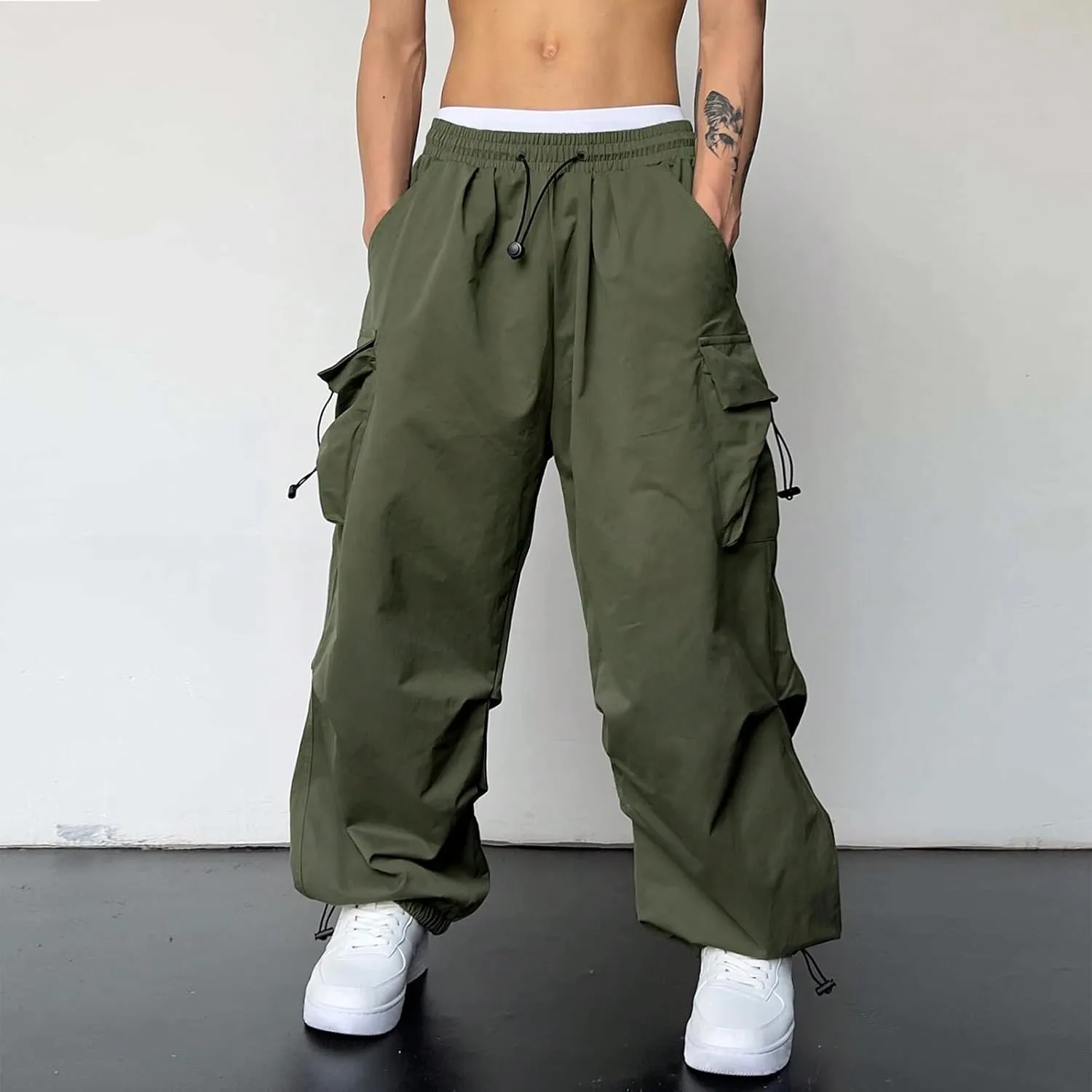 Men's Baggy Cargo Pants,Work Parachute Cargo Pants Y2k Casual Hip Hop Harem Pants with Pockets Sports Running Streewear