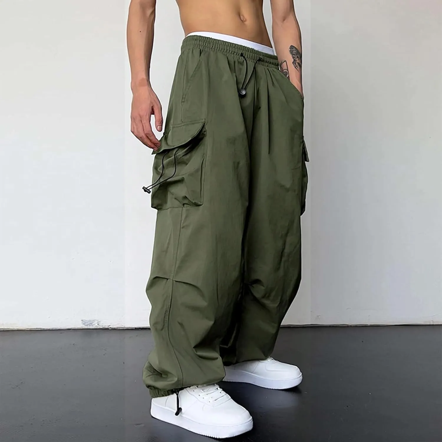 Men's Baggy Cargo Pants,Work Parachute Cargo Pants Y2k Casual Hip Hop Harem Pants with Pockets Sports Running Streewear