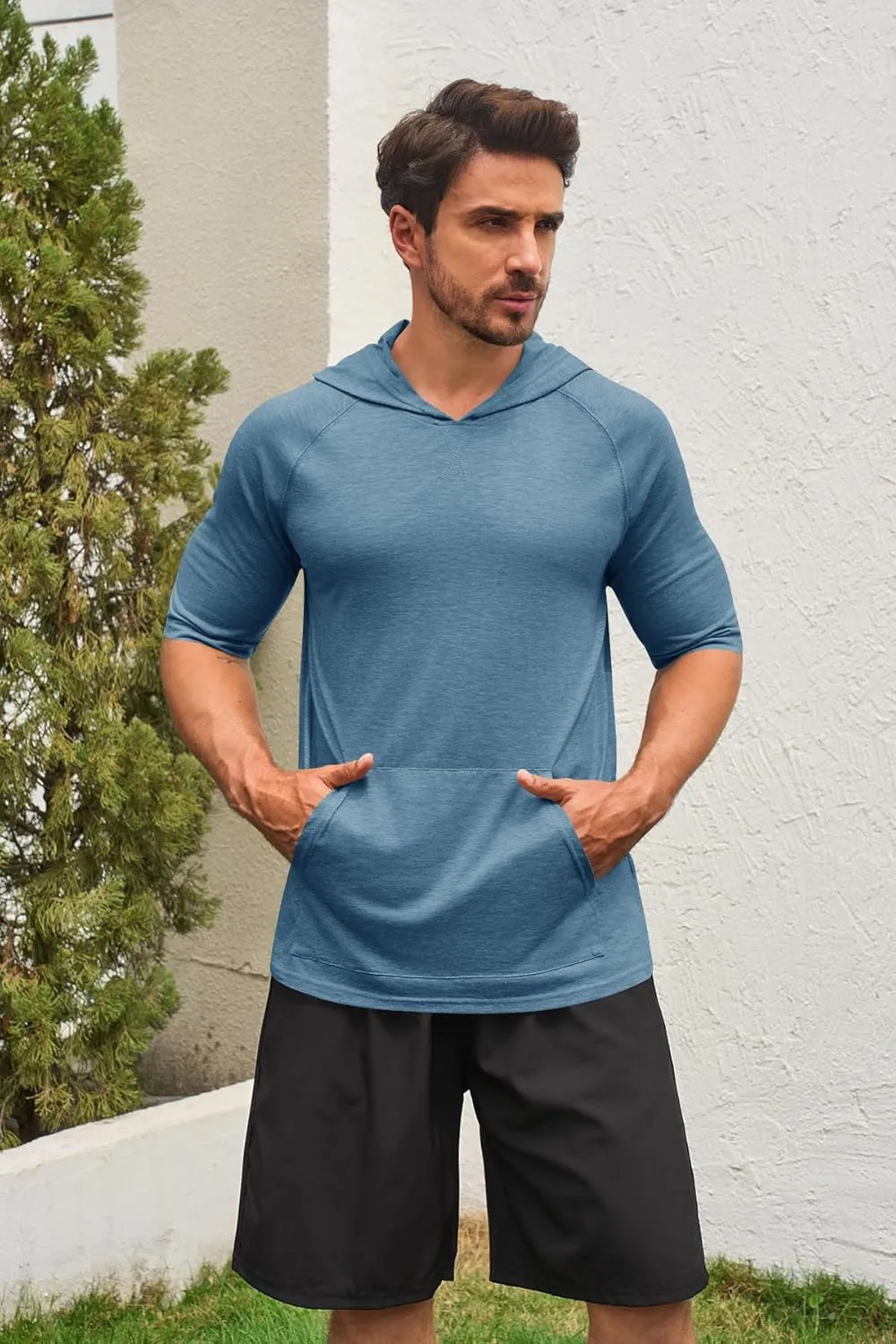Men's Thin Hooded T Shirt Sweatshirts Short Sleeve Cool Solid Color Pullover Hoodies with Kangaroo Pockets