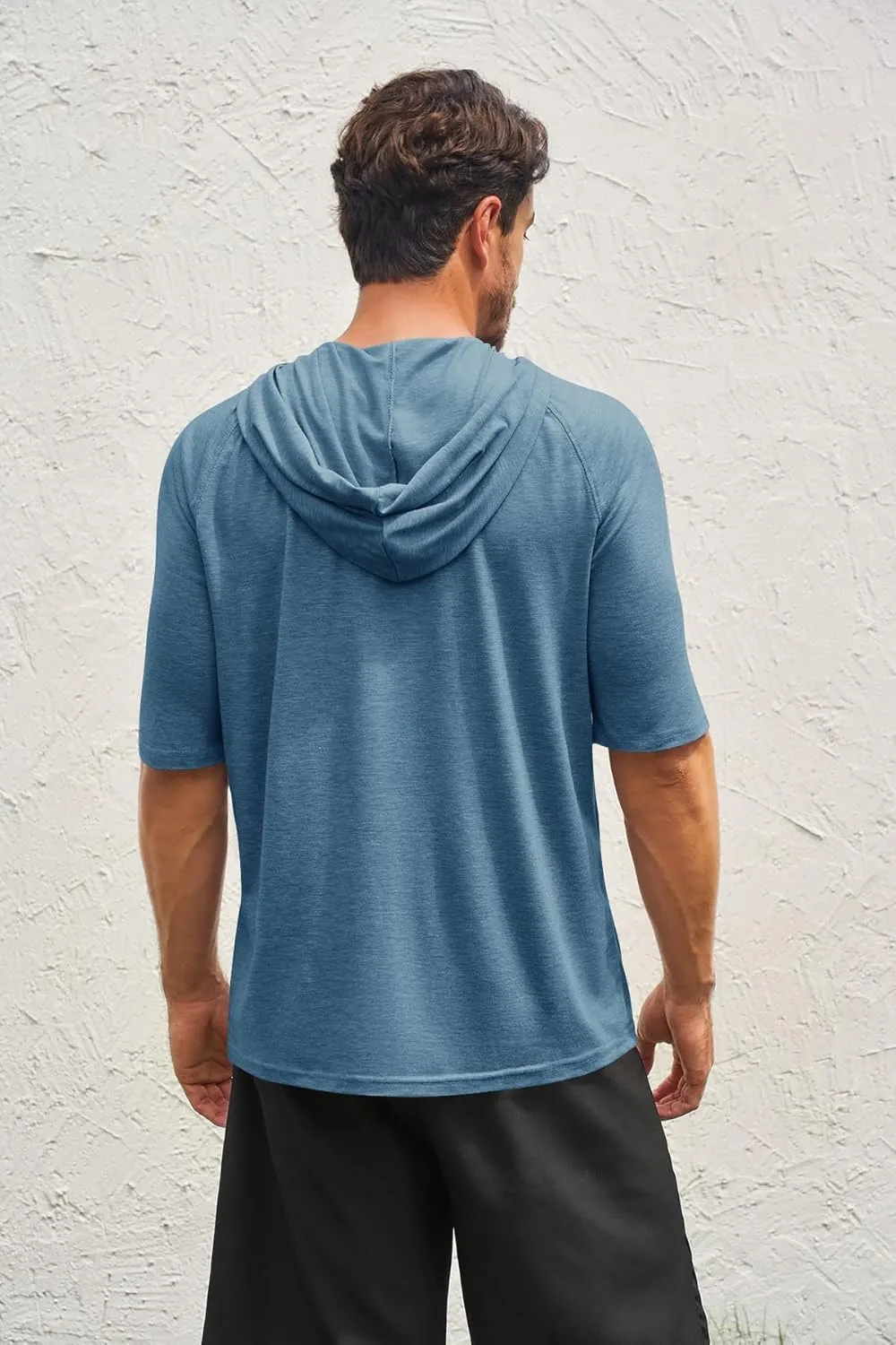 Men's Thin Hooded T Shirt Sweatshirts Short Sleeve Cool Solid Color Pullover Hoodies with Kangaroo Pockets